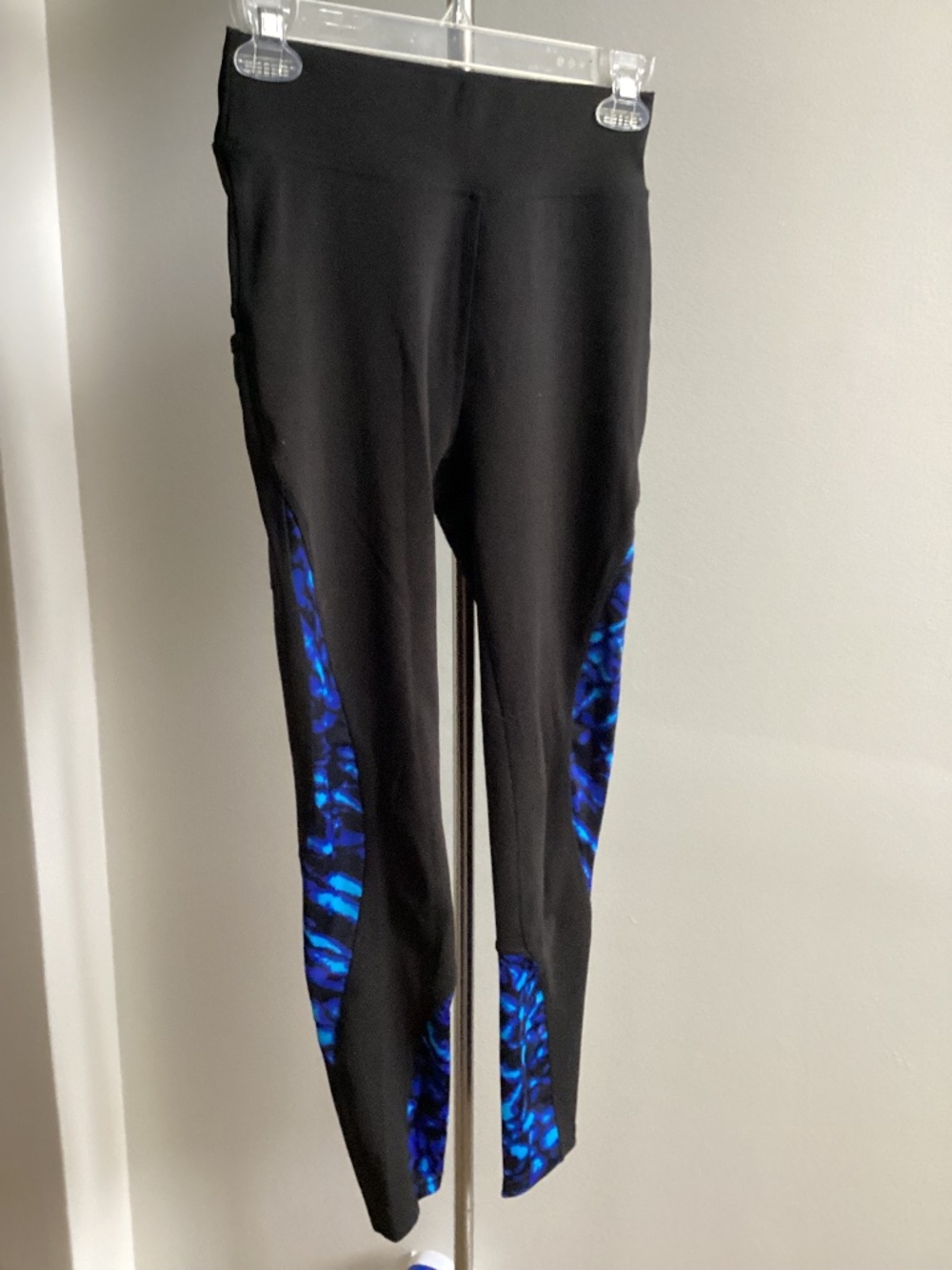 Black with blue pattern insert leggings